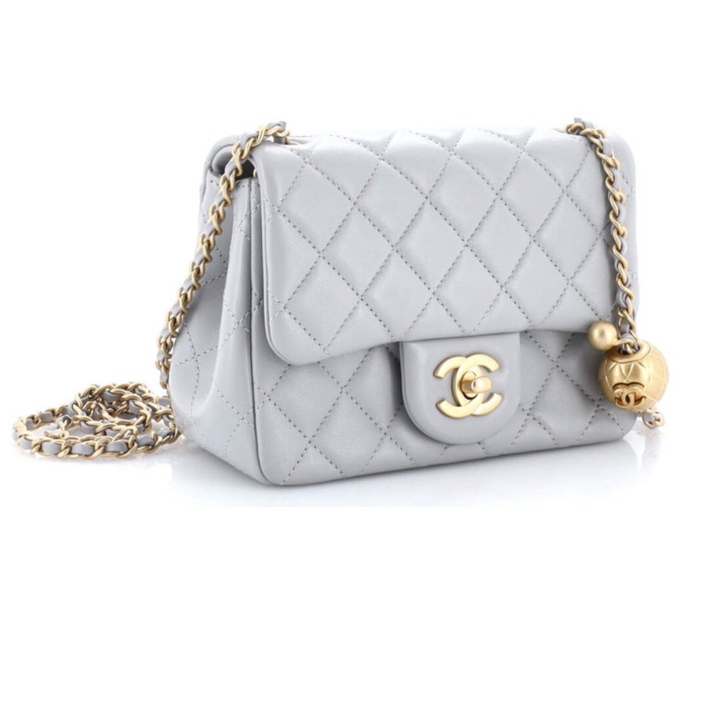 Chanel Light Gray Quilted Lambskin Mini Bag with Gold Chain Pearl Crush